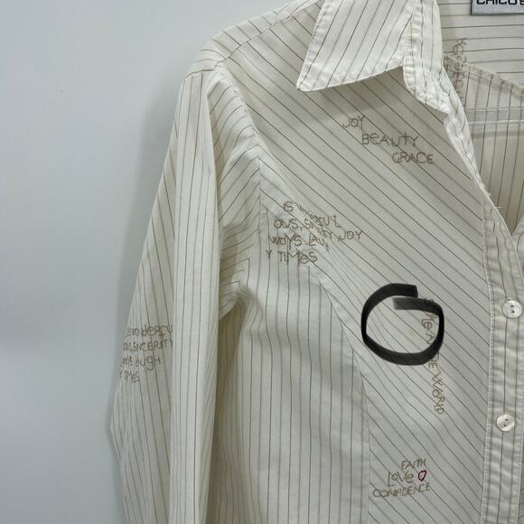 CHICO's Shirt Embroidered Inspirational Women Sz 1 US M Button Front Long Sleeve - Picture 9 of 9